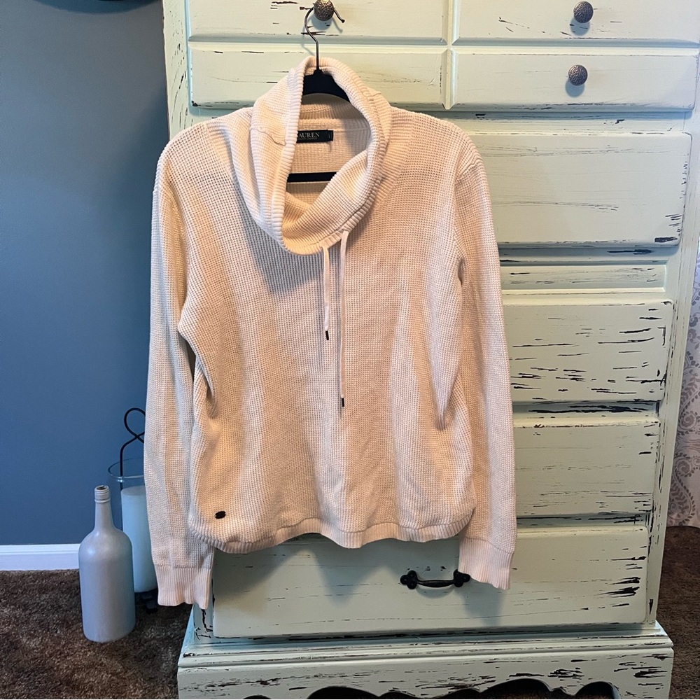 Ralph Lauren Beige Cowl Neck waffle Sweater. Women’s size large.